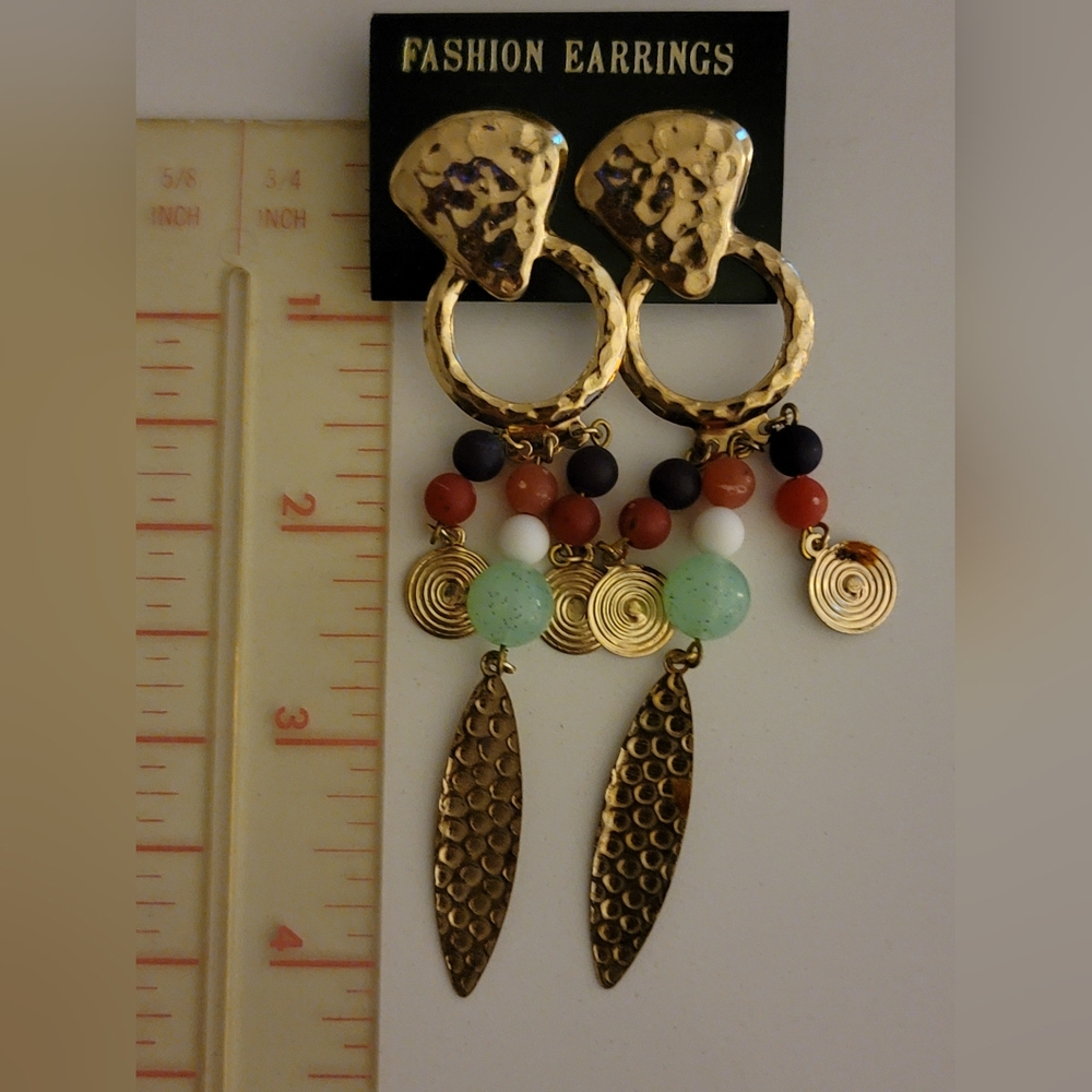Dangle Tribal/Bohemian Gold Tone Beaded Earrings
